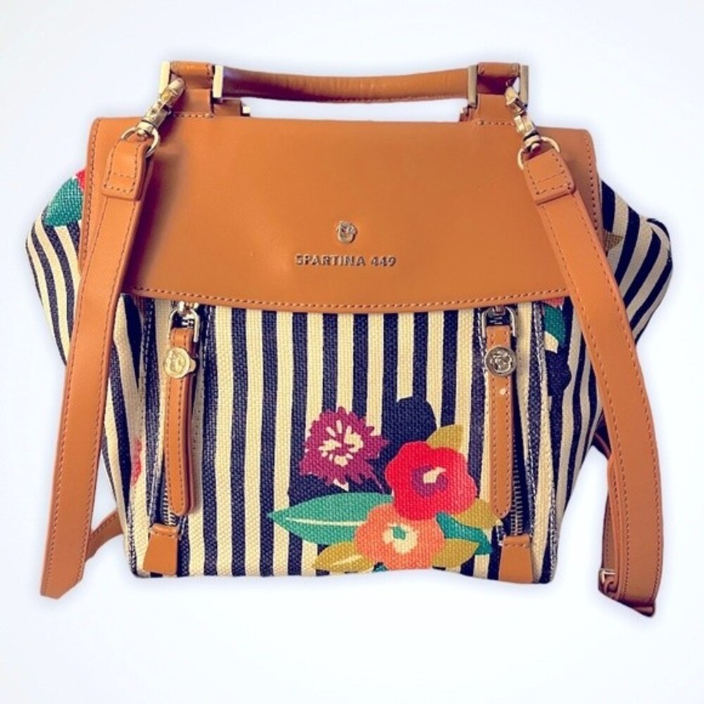 Spartina 449 Shelter Cove Signature Linen Leather Bag Purse Tote Stripes Floral